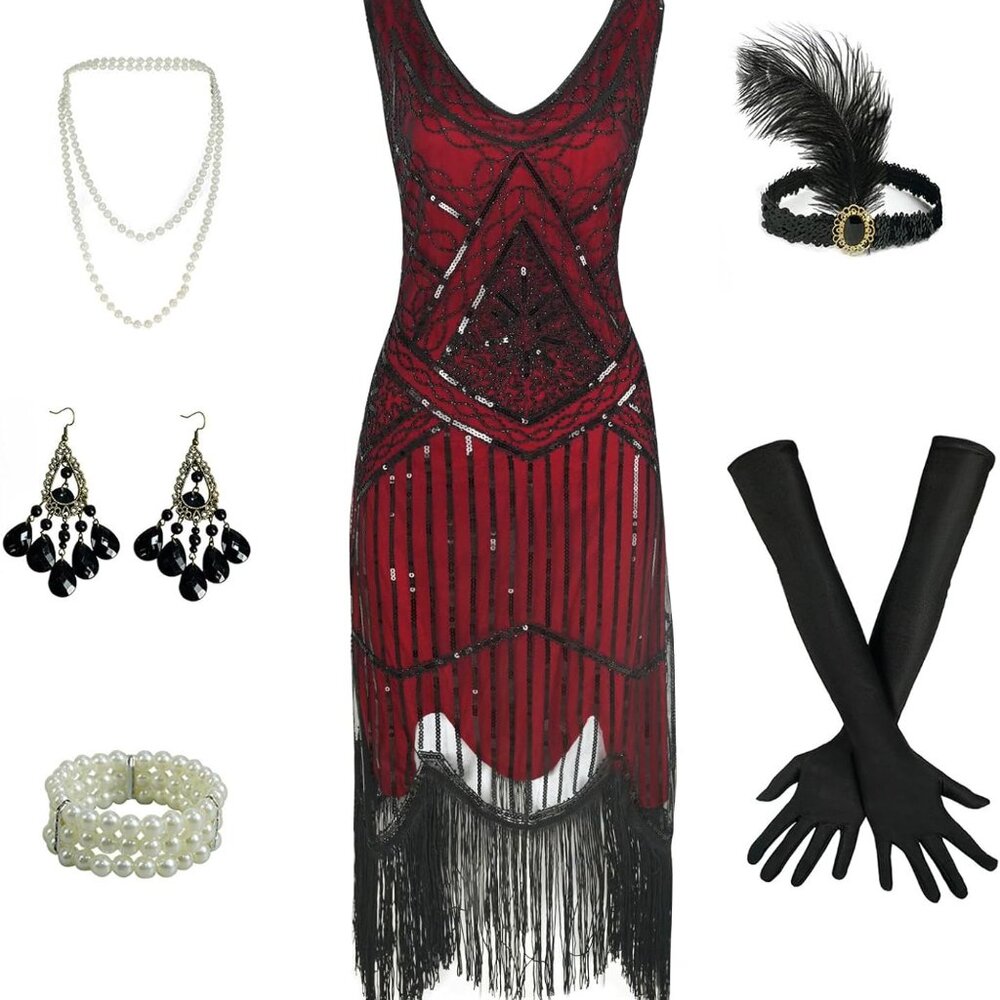 1920s Gatsby Sequin Fringed Beaded Flapper Dress Cocktail Dress with Roaring 20s